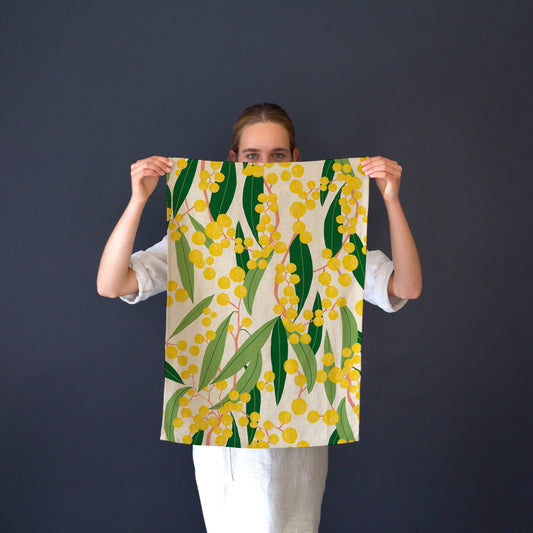 Australian-Made-Tea-Towel-In-Wattle-Flower-Print